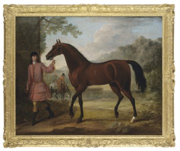 The Leedes Arabian , being led by a groom, in a landscape