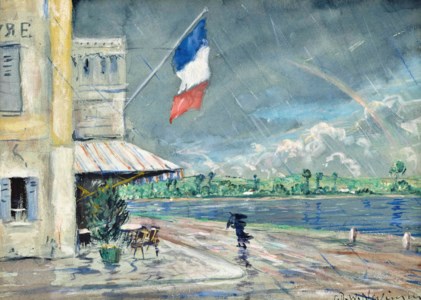 French café in the rain
