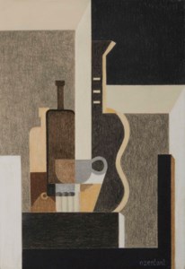 Nature morte (aux bouteilles, verres et guitare)