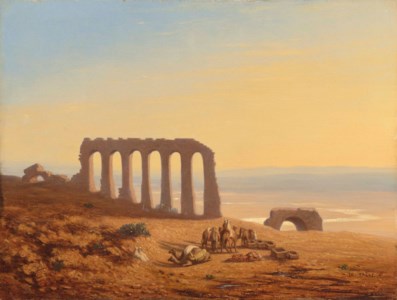 A Bedouin encampment surrounded by ruins