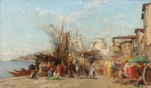 A market before Nusretiye Camii mosque in Tophane, Constantinople