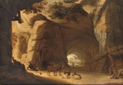 Herdsmen and their cattle resting in a grotto