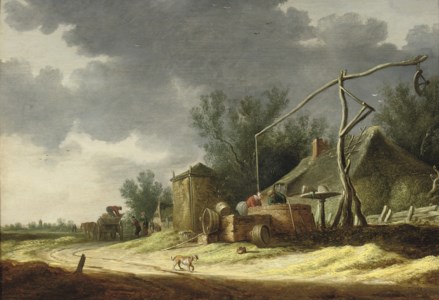 A dune landscape with peasants at a well near a cottage