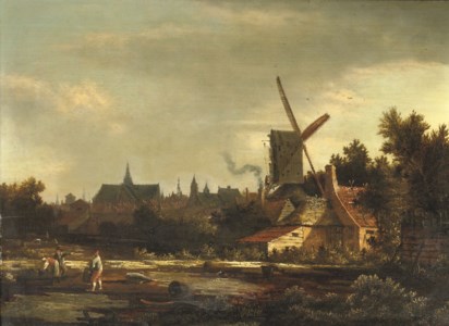 A Dutch town with figures at work in bleaching fields