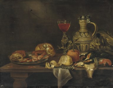 A silver plate with seafood, a roll of bread, a 'Façon-de-Venise of red wine', a 'keulse pot', an artichoke, dead birds, an orange, a partially pealed lemon and a knife