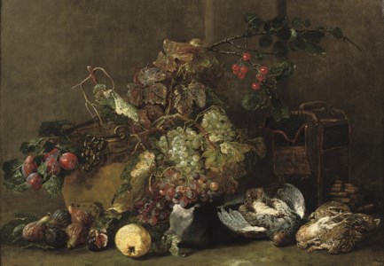 Mixed grapes, cherries and plums by a cauldron with figs, an apple, a partridge and four quails nearby
