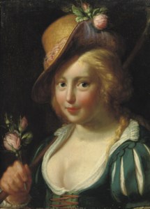 A young shepherdess holding a bunch of pink roses