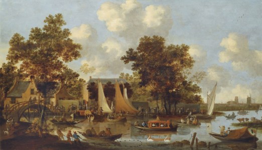 A view of the 'Zwaenhals' near Rotterdam with numerous figures in boats and on foot