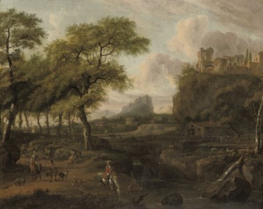 An Italianate landscape with travellers on a track