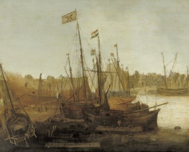A shipyard with figures building and restoring sailing vessels