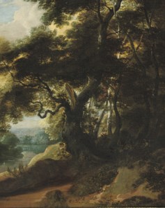 A river landscape with an entrance to a wood