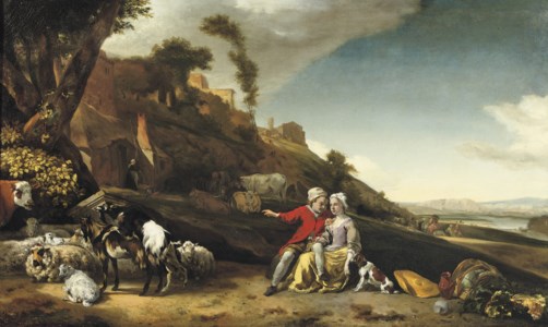 A young couple in an Italianate landscape
