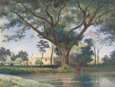 Figures bathing in a pool, plantation houses beyond, Trinidad