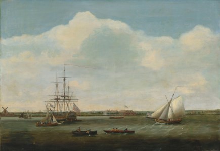 ‘Ready for Inspection’: the brand new East Indiaman Dutton lying in the Thames at Deptford in the autumn of 1781 as her owner, Mr Henry Rice, and his party prepare to board and inspect her in advance of her maiden voyage