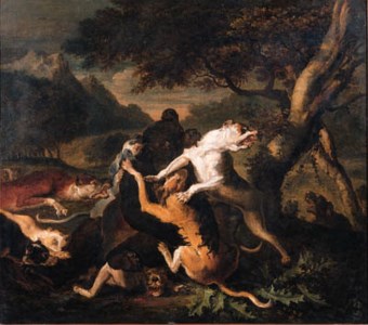 Hounds bringing down a bear