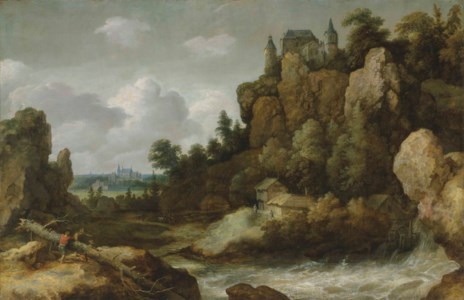 An extensive landscape with a waterfall, with a hilltop castle and a village beyond