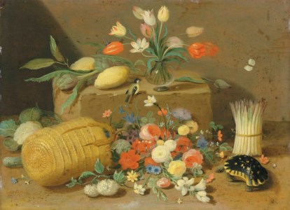 An overturned basket of flowers with a tortoise