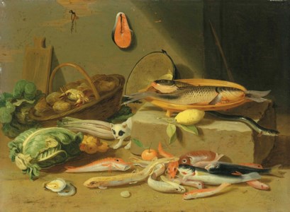 A pantry with a cat prowling among fish and vegetables