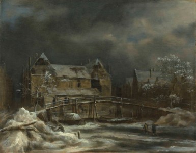 A winter landscape with a view of a town and wooden bridge