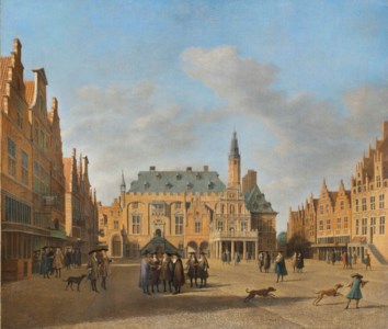 The Grote Markt , Haarlem, looking west, with the town hall and figures conversing in the market square
