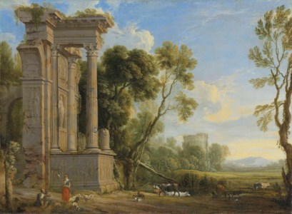 An Italianate river landscape with figures resting by ruins with their herd