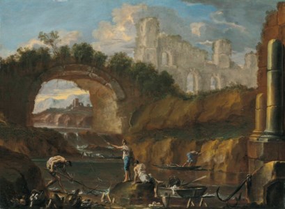 A river landscape with fishermen among ruins