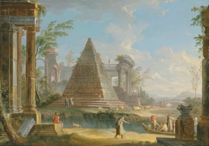 An architectural capriccio with figures ferried along a river, an extensive landscape beyond