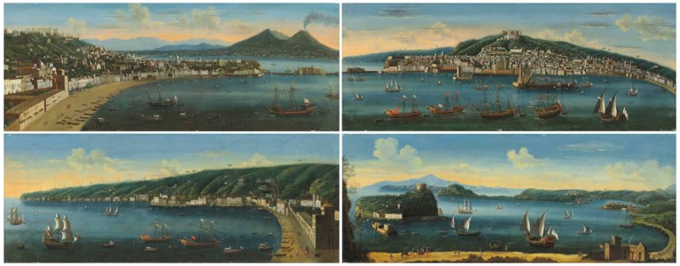 A set of four views of Naples: Naples, a view of the bay taken from Posillipo looking towards Mount Vesuvius; Naples, seen from the Castel Dell'Ovo, with the Riviera di Chiaia and Posillipo beyond; Naples, seen from the bay, with the Molo Grande in the centre and the Castel Dell'Ovo; Naples, a view of the Gulf of Pozzuoli and the Port of Baia