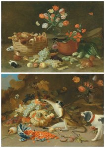 A squirrel and hamsters by a basket of mushrooms, fruit and flowers; and A monkey caught stealing fruit by a dog