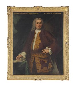Portrait of John Harvey (1699-1750), three-quarter-length, in a brown coat and gold embroidered waistcoat, beside a green draped table with a letter