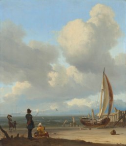 An extensive seascape with figures by a boat on a shore