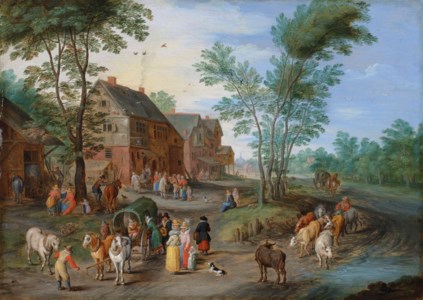 A village landscape with figures and cattle on a path