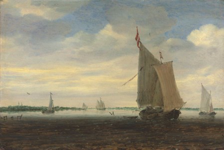 A wijdship and other small Dutch vessels on an estuary, a church beyond