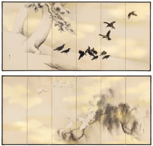 A PAIR OF SIX-PANEL FOLDING SCREENS DEPICTING CROWS AND HERONS