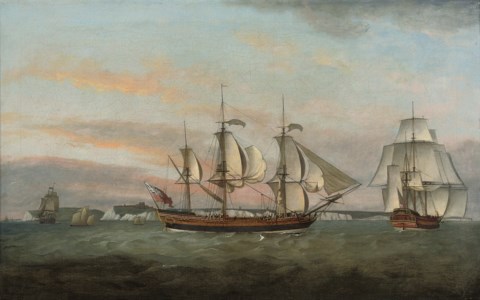 The three-masted merchantman Ann Black in two positions off the South Foreland, inbound for London, with Dover Castle off her stern