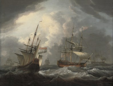 An English frigate passing a Dutch merchantman in congested waters