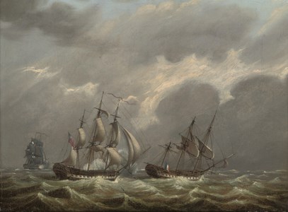 His Majesty's frigate Clyde capturing the French frigate Vestale , whilst the French corvette Sagesse engages at long range, 20th August 1799