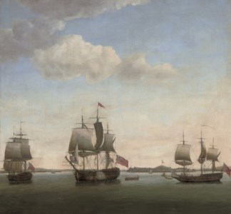 Commodore James in the Protector , with the Revenge and the grab Bombay in the bay off the Suvarnadrug fort at Gheriah, India, April 1755