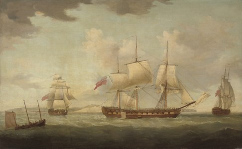 An armed merchantman in three positions in the Channel off Dover