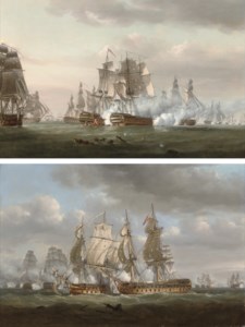 In action at Trafalgar: H.M.S. Tonnant engaging the Spanish '74' Monarca ; and H.M.S. Tonnant accepting Monarca 's surrender