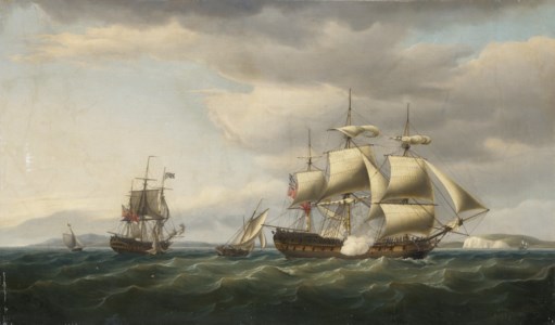 The East Indiaman Rodney in two positions off the English coast, firing a salute to mark her safe return from Bengal in August, 1788