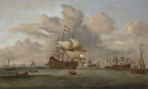 A Dutch flagship receiving a salute as she arrives at the fleet anchorage
