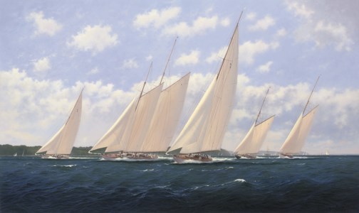 Storming the Cowes Roads, 1930: Astra leading with Westward , Candida , Britannia and Lulworth behind