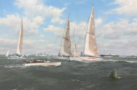 Making for the Start, Cowes week, 1985: the Admiral's Cup, with Outsider on the start line, and H.M.'s yacht Britannia in attendance beyond