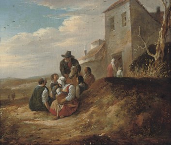 A wooded landscape with travellers at rest by a cottage