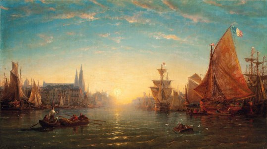 Shipping in a French port at dusk