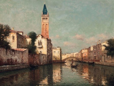 A gondolier before a Venetian bridge