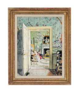 Nancie Sheffield seated in the Boudoir at Sutton Park York, seen from the Chinese Drawing Room