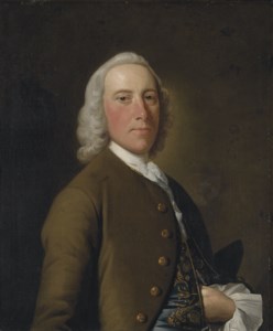 Portrait of a gentleman, traditionally identified as Mr Dunn, half-length, in a brown coat and blue embroidered waistcoat