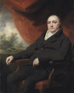 Portrait of a gentleman, traditionally identified as Dr. Black, or Dr. Blake, three-quarter-length, in a black coat, a draped red curtain and landscape beyond